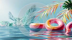 Two inflatable rings are floating in a pool of water with green palm leaves