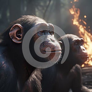 Two inquisitive chimpanzees against a blurry background with a burning flame. AI-generated.