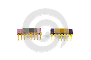 Two integrated circuit or micro chip isolated on a white