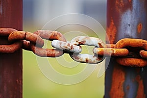 two interlinked chains stiffened in rust on a fence