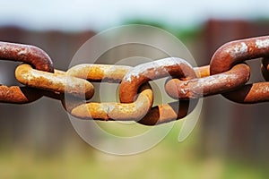 two interlinked chains stiffened in rust on a fence