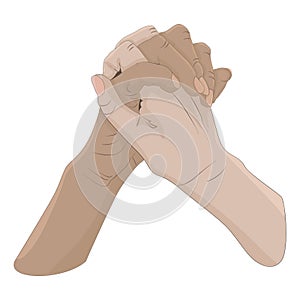 Handshake gesture isolated on white background. Two hands holding each other strongly.