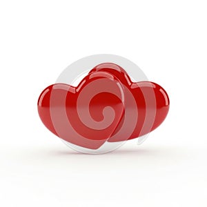 Two interlocking red hearts isolated on white background