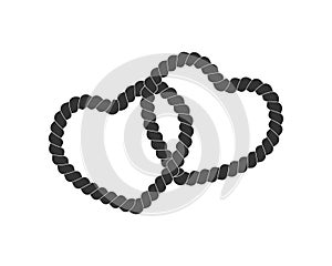Two intertwined heart shaped ropes. Black cord isolated on white background. Valentine day design element in vintage