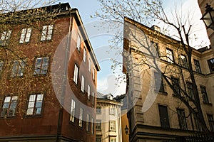 Two irregularly shaped house in the center of Stockholm