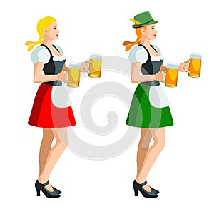 Two isolated figures of Oktoberfest girls in Bavarian folk costumes with beer mugs