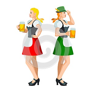 Two isolated figures of an Oktonerfest girl in national dress with a beer mug