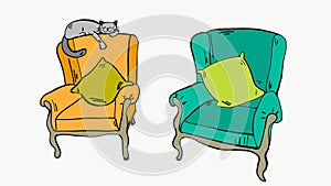 Two isolated hand drawn chairs with cat in cartoon style