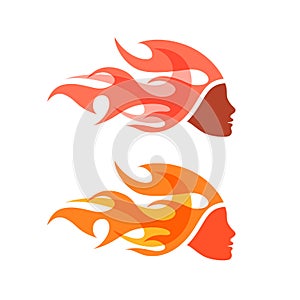 Two isolated logotypes. Woman with flame hair.