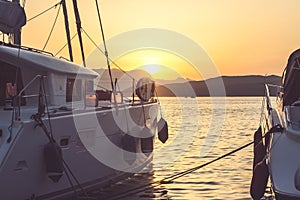 Two jachts in marina, on a summer sunset; summertime background with copy space
