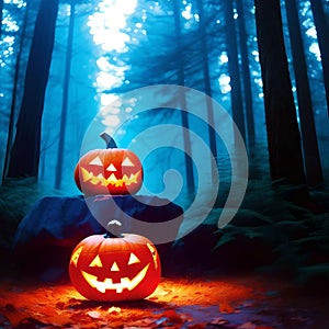 Two Jack o Lanterns in the Woods