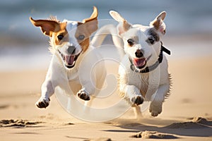 Two jack russell terrier dogs running on the beach, Jack Russell Terrier and Jack Russell Terrier playing in the sand, AI