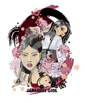 Two Japanese fashion girls with white cranes and flowers. Vector illustration.