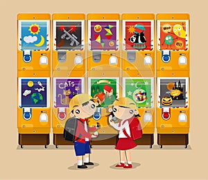 Two Japanese kids showing their newly collects obtained from capsule toy vending machines