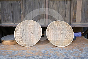 Two Japanese traditional bamboo draining baskets