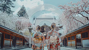 two Japanese women in traditional Yukata dress
