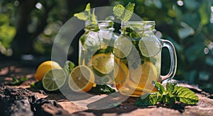two jars with lemon, lime and mint iced tea