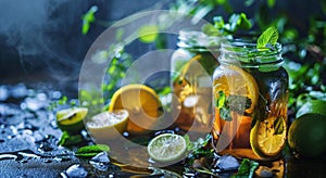 two jars with lemon, lime and mint iced tea