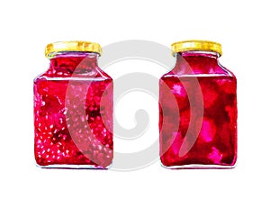 Two jars of tasty jams from different berries. Watercolor illustration isolated on white background