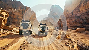 Two Jeeps Driving Down Desert Dirt Road photo