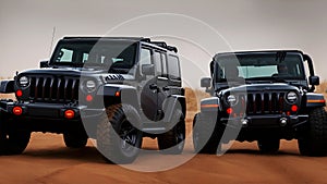 Two jeeps racing on desert