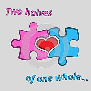 Two jigsaw puzzle pieces with heart between them. Two halves of the whole. Love, medical, relationship symbol. Valentine