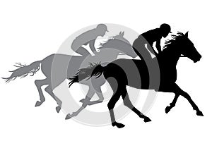 Two jockeys riding horses.