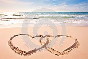 Two joined hearts drawn on the sand on the beach by the sea. Heart as a symbol of affection and