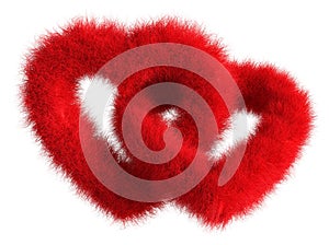 Two joined red plush hearts on white background - Isolated 3D Re
