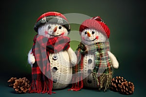 two jolly snowmen with festive scarves and beanies