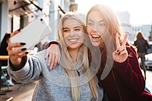 Two joyful cheerful girls taking a selfie