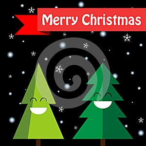 Two joyful Christmas trees isolated on a black background. Happy