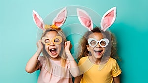 Two joyful girls in bunny ears celebrating easter