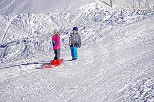 Two joyful kids sledding down the hills on a winter day.