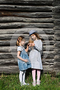 Two joyful sisters girls in blue casual clothes posing by a wooden wall. Active lifestyle. Youth fashion