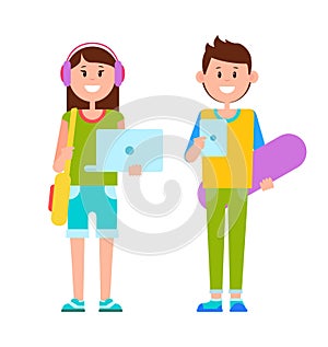 Two Joyful Teenagers Dressed in Casual Clothes