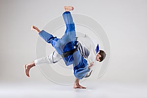 The two judokas fighters fighting men photo