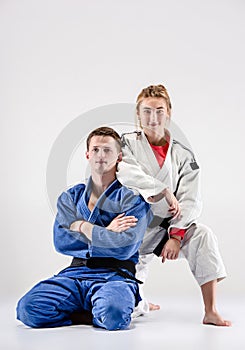 The two judokas fighters posing on gray