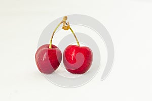 Two juicy berries of a red cherry on a white fabric background