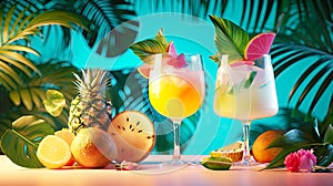 Two juicy fresh cocktails and tropical fruit and plants around.