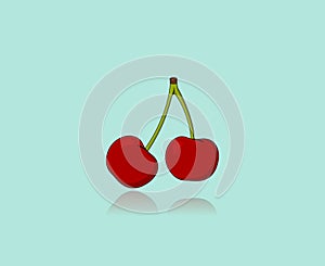 Two juicy red cherries isolated on light blue background. Healthy food concept.