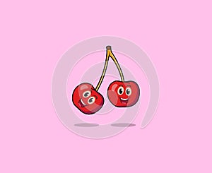 Two juicy red cherries isolated on light blue background. Healthy food concept.