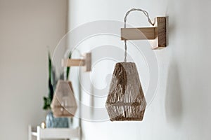 Two Jute rope light lamps fixture with wood wall mount