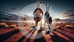 Two kangaroos standing upright in an Australian desert landscape