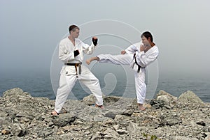 Two karateka fight