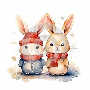 Two kawaii cute rabbit Cartoon christmas on white background water color style