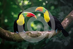 Two Keel-billed Toucans sitting on a branch in Costa Rican forest