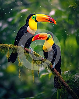 Two Keel-billed Toucans sitting on a branch in Costa Rican forest