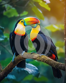 Two Keel-billed Toucans sitting on a branch in Costa Rican forest