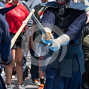 Two kendo fighters Competition with Bamboo Sword and Traditional